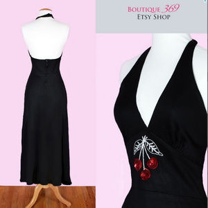 70's Cherries Long Vintage Black Maxi Dress